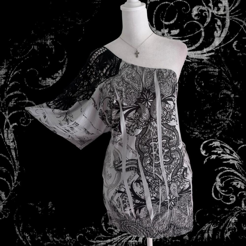 intricate light pastel grey black baroque fairy paisley boho whimsigoth glam top